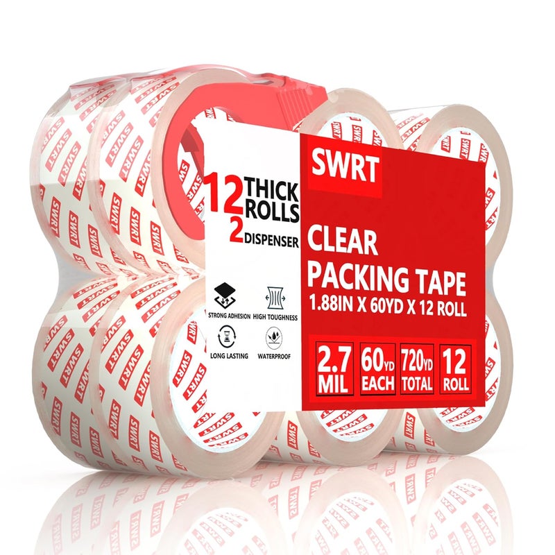 SWRT 2.7Mil Thick Ultra Clear Packing Tape, 12 Rolls Heavy Duty Packaging Tape with 2 Dispensers for Shipping Packaging Moving Mailing, Thicker Sealing Tape-1.88" x 60 Yards Per Roll, 720 Total Yards - Image 1